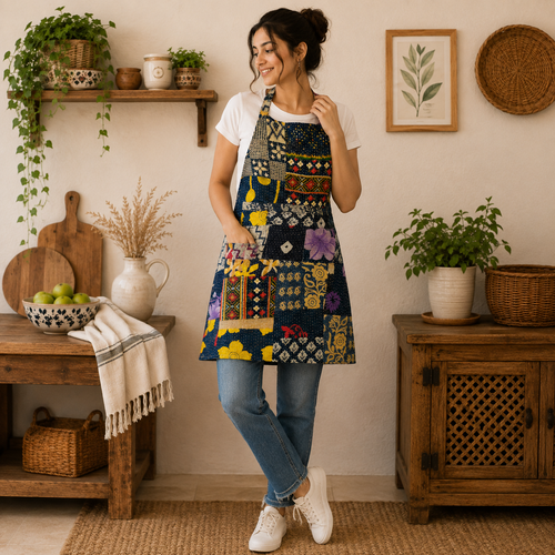 Vintage Kantha Apron 2 Pcs, Handmade Patchwork Cotton Kitchen Apron, Recycled Sari Cooking Apron, Boho Indian Embroidered Apron with Pocket