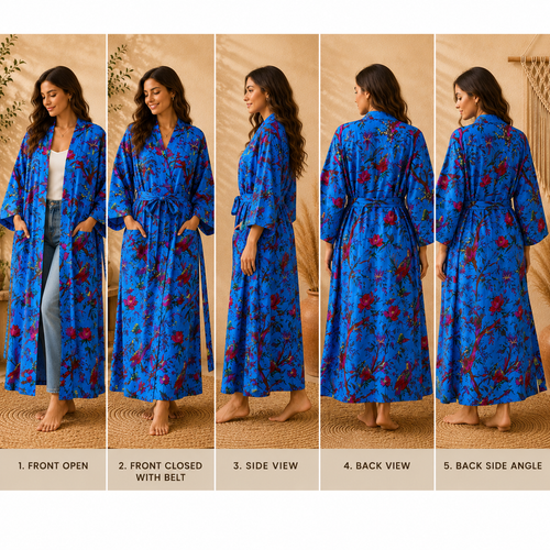 Blue Floral Cotton Kimono Cardigan for Women | Long Boho Open Front Robe with Pockets