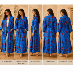 Blue Floral Cotton Kimono Cardigan for Women | Long Boho Open Front Robe with Pockets