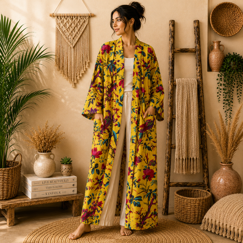 Women's Cotton Yellow Floral Bird Print Long Kimono Robe | Boho Open Front Lightweight Cardigan with Pockets