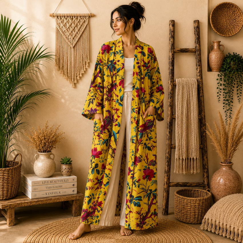 Women's Cotton Yellow Floral Bird Print Long Kimono Robe | Boho Open Front Lightweight Cardigan with Pockets