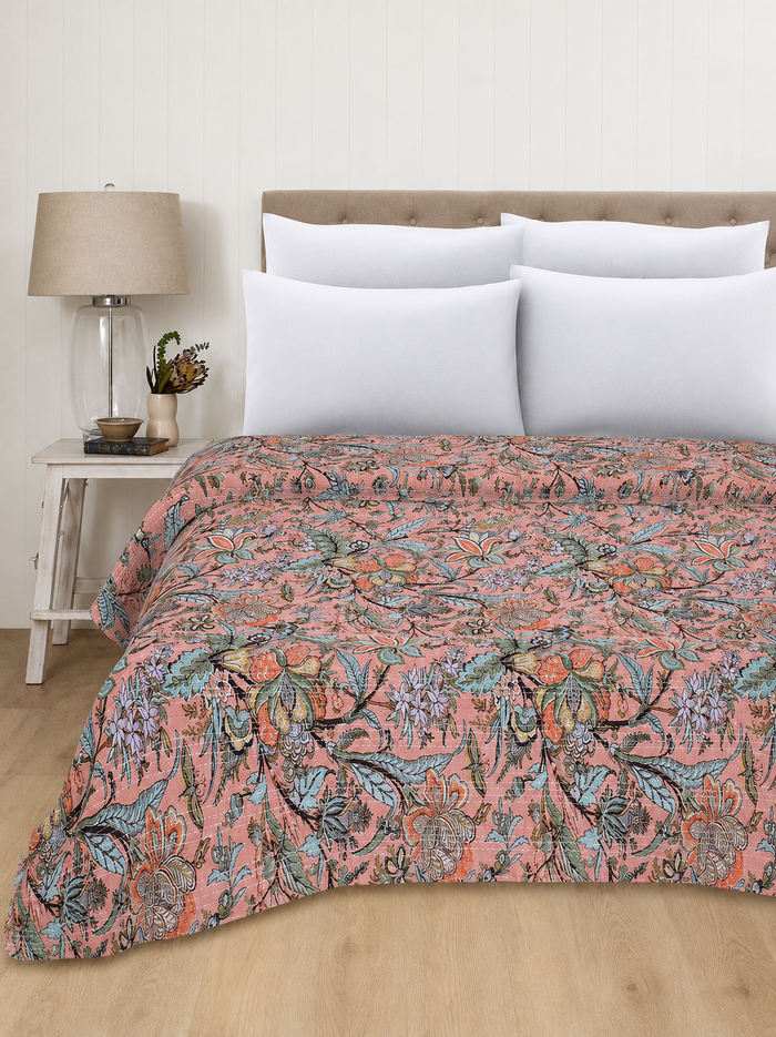 Peach Floral Cotton Bedspread Quilt Throw