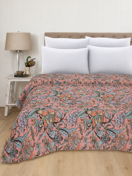 Peach Floral Cotton Bedspread Quilt Throw