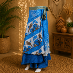 Vintage Blue Bird Print Wrap Skirt for Women | Handmade Upcycled Sari Maxi Skirt | Adjustable Tie Waist | Boho Beach Festival Skirt | Sustainable Clothing