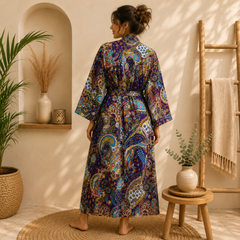Handmade Purple Cotton Kimono Robe for Women | Boho Paisley Floral Long Cardigan | Lightweight Beach Cover Up | Resort Wear