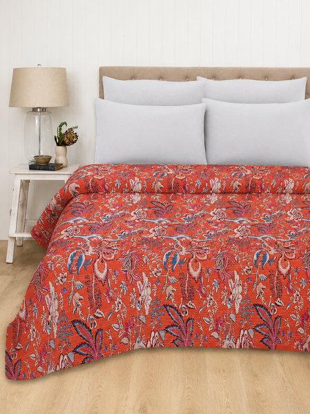 Vintage Kantha Bedding Red Floral King Size Quilt