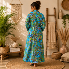 Women's Turquoise Paisley Cotton Kimono Robe | Lightweight Boho Long Robe with Belt & Pockets