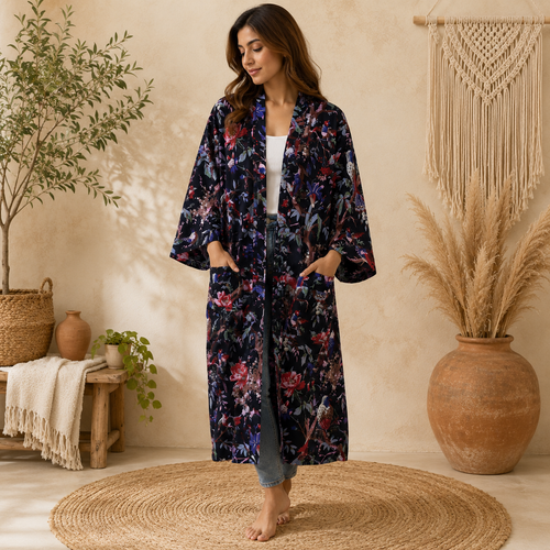 Boho Floral Cotton Kimono Cardigan for Women | Long Open Front Lightweight Robe with Pockets