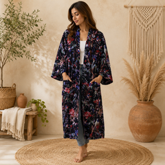 Boho Floral Cotton Kimono Cardigan for Women | Long Open Front Lightweight Robe with Pockets