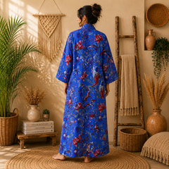 Women's Cotton Blue Floral Bird Print Long Kimono Robe | Boho Lightweight Open Front Cardigan with Pockets