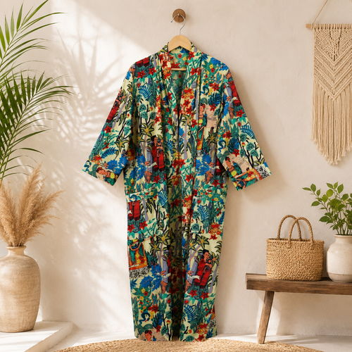 Handmade Cotton Kimono Robe for Women | Boho Floral Long Kimono | Lightweight Cotton Beach Cover Up | Resort Wear | Free Size