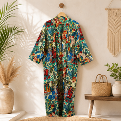 Handmade Cotton Kimono Robe for Women | Boho Floral Long Kimono | Lightweight Cotton Beach Cover Up | Resort Wear | Free Size