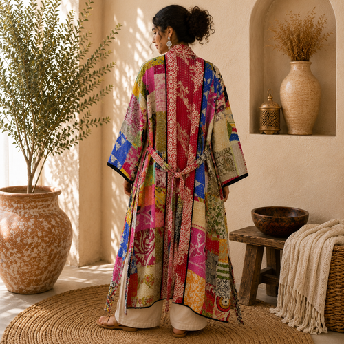 Assorted Vintage Kantha Cotton Patchwork Kimono Long Robe