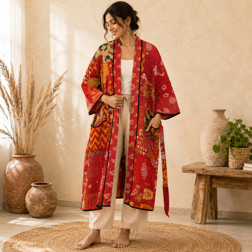 Patchwork Bath Robe | Vintage Kantha Cotton Kimono | Cotton Robe | Night Wear Suit | Long Cotton Robe (13 Colour Option Available)