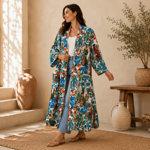 Handmade Cotton Kimono Robe for Women | White Floral Boho Long Kimono | Lightweight Cotton Beach Cover Up | Free Size