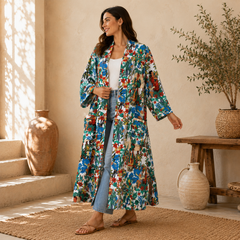 Handmade Cotton Kimono Robe for Women | White Floral Boho Long Kimono | Lightweight Cotton Beach Cover Up | Free Size