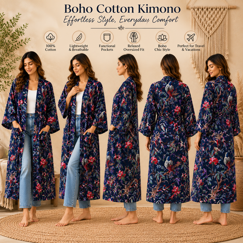 Navy Floral Cotton Kimono Cardigan for Women | Long Boho Open Front Robe with Pockets