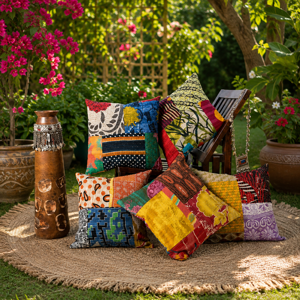 Handmade Patchwork Cushion Cover, Cotton Kantha Pillow Cover, Boho Throw Pillow Cover, Vintage Decorative Cushion Cover, Farmhouse Sofa Cushion
