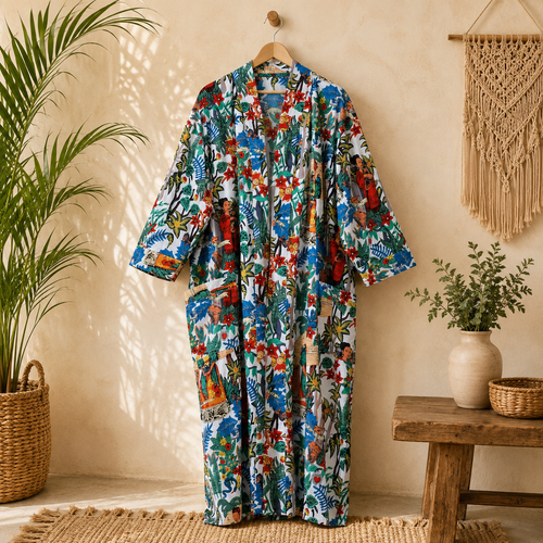 Handmade Cotton Kimono Robe for Women | White Floral Boho Long Kimono | Lightweight Cotton Beach Cover Up | Free Size