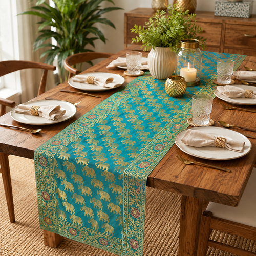 Antique-Inspired Embroidered Brocade Green Elephant Table Runner