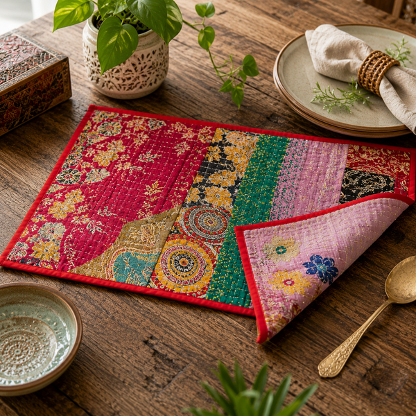 Handmade Vintage Kantha Placemats Set of 2 – Reversible Cotton Patchwork Table Mats