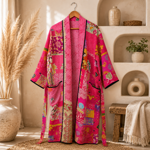 Indian Handmade Vintage Kantha Quilt Pink Patchwork Kimono Robe One Size Robe
