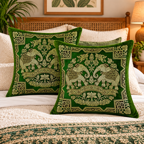 Indian Decorative Brocade Green And Gold Throw Pillow Covers 2 Pcs 16x16 Inch