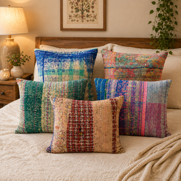 Handmade Cotton Cushion Cover, Kantha Pillow Cover, Boho Throw Pillow Cover, Decorative Sofa Cushion Cover, Vintage Patchwork Cushion Cover