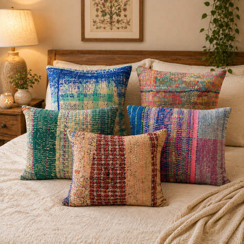 Set Of 5 Pcs Indian Bohemian Kantha Cushion Cover Handmade Antique Throw Pillow