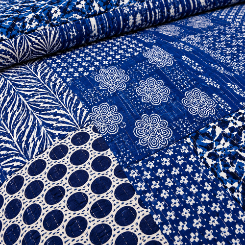 Indian Handmade Blue Indigo Vintage Kantha Queen Size Quilt