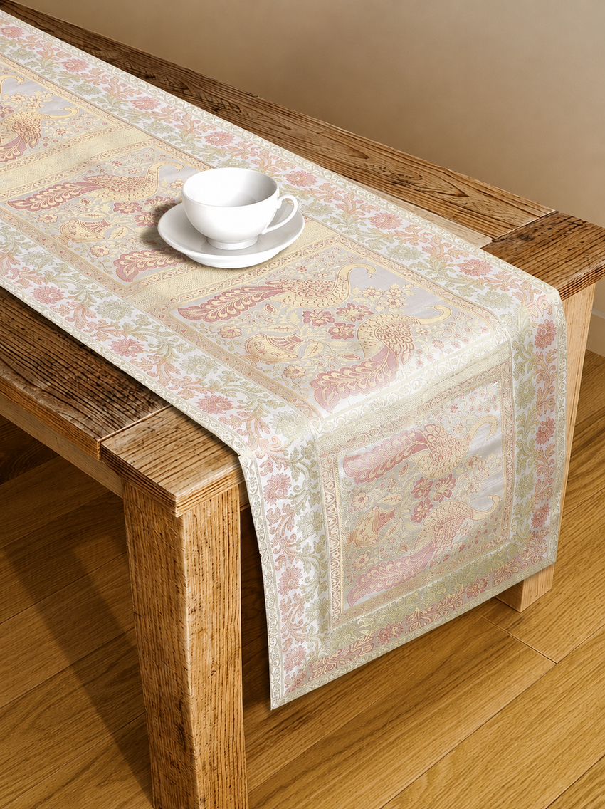 Gold Embroidered Brocade 72Lx14W Inch Beige Table Runner