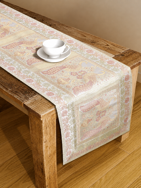 Gold Embroidered Brocade 72Lx14W Inch Beige Table Runner