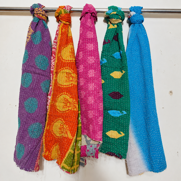 Vintage Kantha Handmade Cotton Floral Scarves Set Of 2
