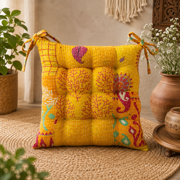 yellow patchwork Kantha Chair Pad, Handmade Cotton Chair Pad with Ties, Quilted Dining Chair Pad, Boho Chair Pad, Kitchen Chair Pad, Farmhouse Seat Pad