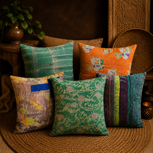 Vintage Kantha Pillow Cover 2 Pcs, Handmade Patchwork Cushion Cover, Recycled Sari Throw Pillow, Boho Indian Home Decor, Assorted Pillowcase