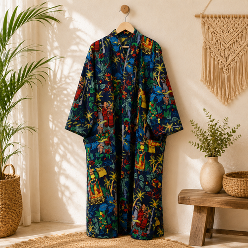 Handmade Cotton Kimono Robe for Women | Navy Blue Boho Long Kimono | Floral Cotton Beach Cover Up | Resort Wear | Free Size