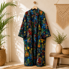 Handmade Cotton Kimono Robe for Women | Navy Blue Boho Long Kimono | Floral Cotton Beach Cover Up | Resort Wear | Free Size