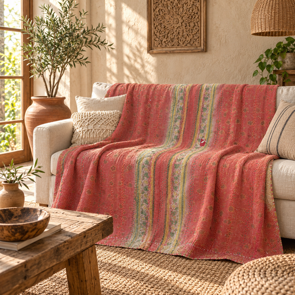 Coral Red Vintage Kantha Quilt Handmade Reversible Cotton Blanket with Multicolor Stripes – 65x95 Inches