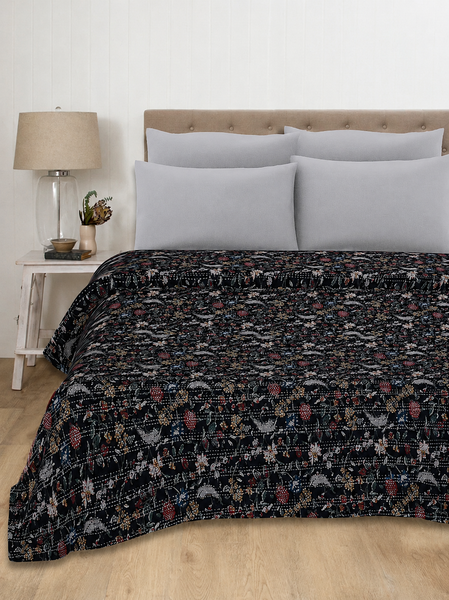 Indian Handmade Kantha Floral Black Quilt
