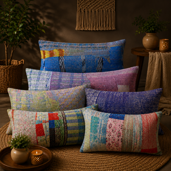 Vintage Kantha Pillow Cover 2 Pcs, Handmade Patchwork Cushion Cover, Recycled Sari Throw Pillow, Boho Indian Home Decor, Assorted Pillowcase