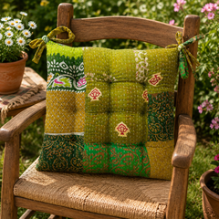 Green patchwork Kantha Chair Pad Cushion, Handmade Cotton Seat Cushion with Ties, Quilted Dining Chair Cushion, Boho Chair Pad, Kitchen Chair Seat Pad, Farmhouse Decor