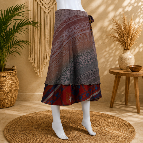 Vintage Boho Wrap Skirt for Women | Handmade Upcycled Sari Midi Skirt | Adjustable Tie Waist | Tribal Print Festival Skirt | Sustainable Beach Wear