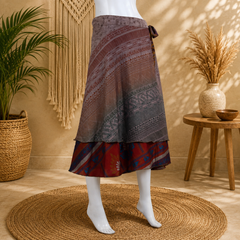 Vintage Boho Wrap Skirt for Women | Handmade Upcycled Sari Midi Skirt | Adjustable Tie Waist | Tribal Print Festival Skirt | Sustainable Beach Wear