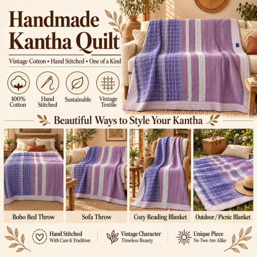 Purple & Lavender Vintage Kantha Quilt Handmade Heavy Cotton Reversible Throw Blanket – 50x60 Inches