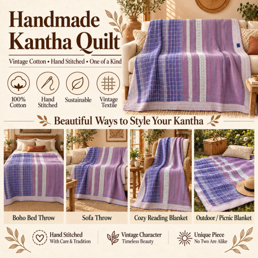 Purple & Lavender Vintage Kantha Quilt Handmade Heavy Cotton Reversible Throw Blanket – 50x60 Inches