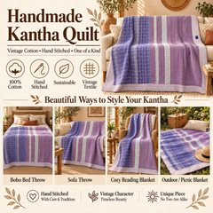 Purple & Lavender Vintage Kantha Quilt Handmade Heavy Cotton Reversible Throw Blanket – 50x60 Inches