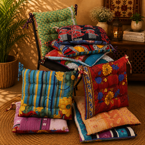 Handmade Kantha Chair Cushion, Cotton Seat Cushion, Quilted Chair Pad, Boho Cushion, Tie-On Chair Cushion, Floral Floor Cushion, Dining Chair Cushion