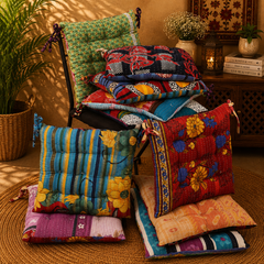 Handmade Kantha Chair Cushion, Cotton Seat Cushion, Quilted Chair Pad, Boho Cushion, Tie-On Chair Cushion, Floral Floor Cushion, Dining Chair Cushion