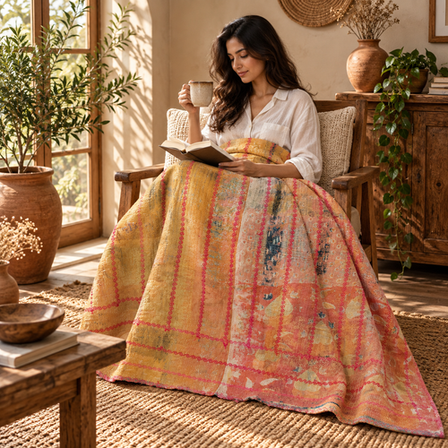 Mustard Yellow Vintage Kantha Quilt Handmade Reversible Cotton Throw Blanket – 75x100 Inches