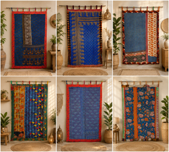Indian Handmade Kantha Quilted 100% Cotton Fusion Blue Curtain
